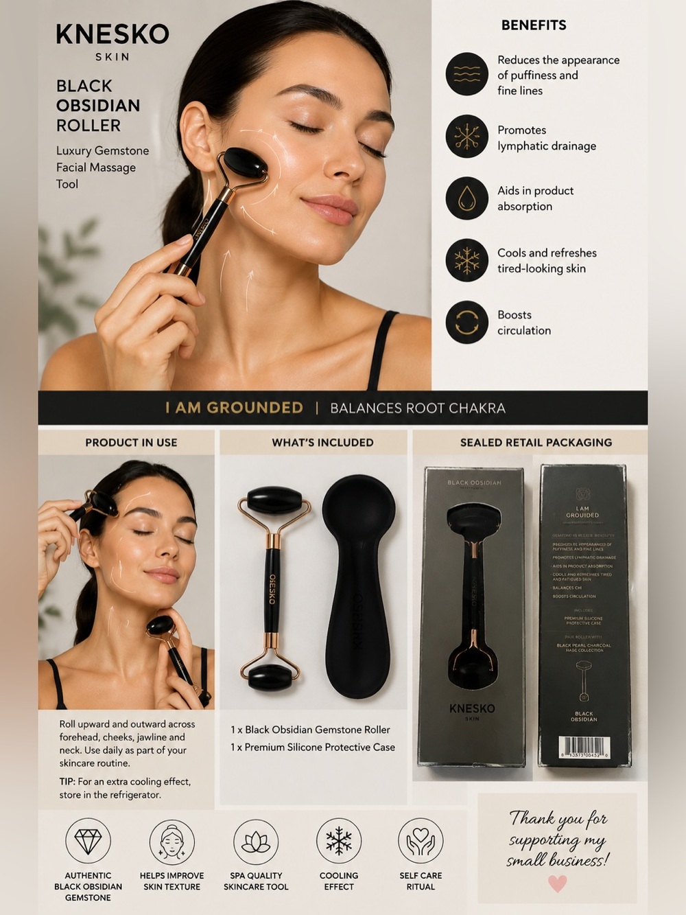 KNESKO Skin Black Obsidian Gemstone Facial Roller Sealed New in Box